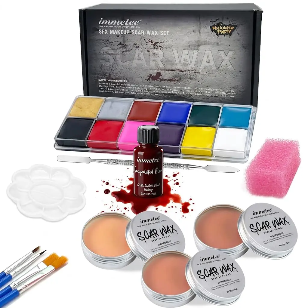 Immette SFX Makeup Combo Kit with Scar Wax & Fake Blood, All-in-1 Oil-Based Cosmetic Blend for Smooth Realistic Effects, Halloween Makeup Face Paint for Cosplay, Ideal Gift for Friends, Crafts, Smoothing, Make Up Halloween, Face Paint Halloween