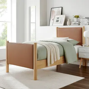 Maven Twin Size Vegan Leather Upholstered Platform Bed in Tan Oak