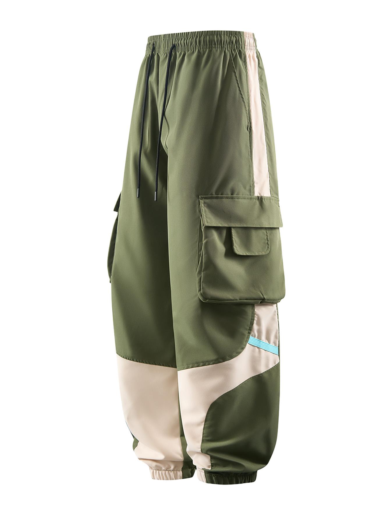 CCCMAI Men's Cargo Pants with Multiple Pockets - Durable Polyester, Machine Washable, Perfect for Hiking and Outdoor Activities, Breathable Comfortable Loose Fit Long Pants with Color-Blocked Side Panels and Drawstring Waist Design. Menswear