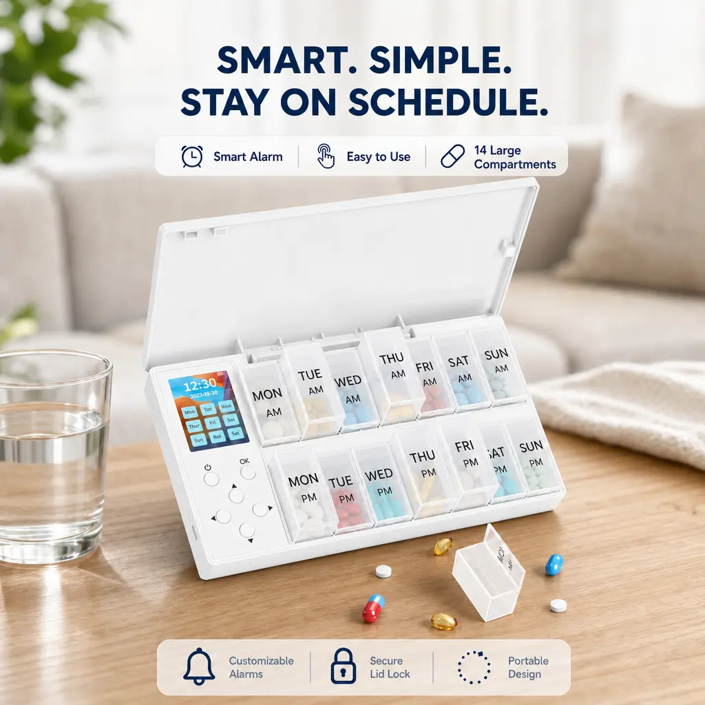 Automatic Pill Organizer with Alarm - Smart 7 Day Pill Box Reminder for Elderly Seniors, Loud Sound & Light, Never Miss Medication