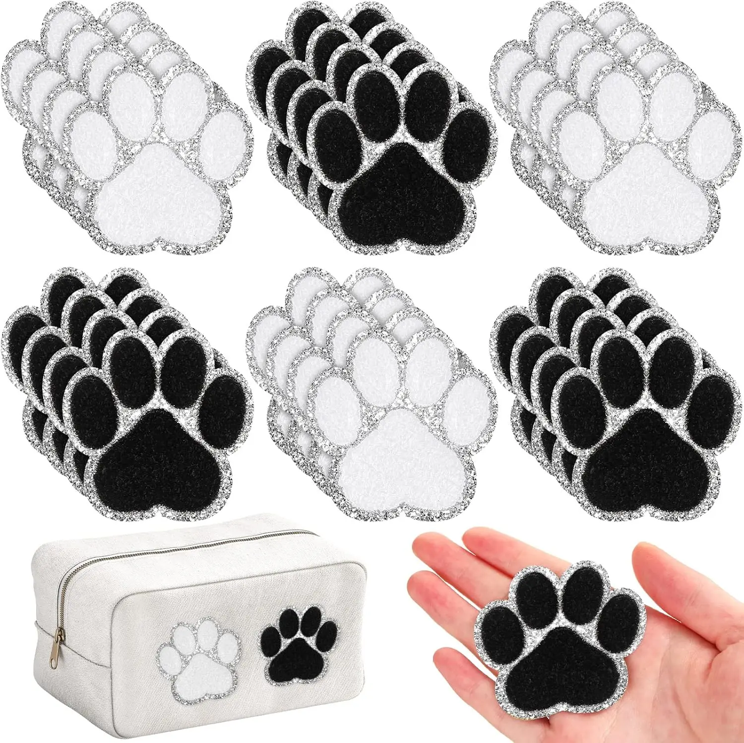 24 count Self Adhesive Paw Print Patch Chenille   Paw Print Iron on Patches Embroidery Sticker Patches for Clothing Backpacks Jeans Hats  Party(White, Black with  Edge)