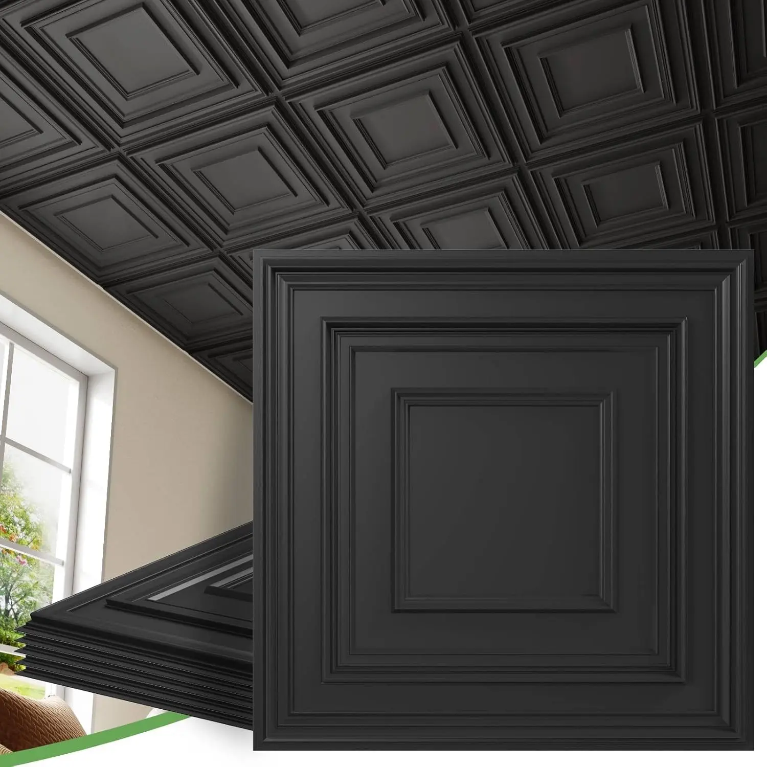 LOOYEE 24 PCS 2x2Ft Premium Black PVC 3D Decorative Drop Ceiling Tiles (96 Sq.Ft) - Home Improvement Building Supplies, Easy Installation, Paintable, Waterproof for Damp Areas, Multipurpose Design for Garage/Bedroom, Scissors-Included DIY Upgrade