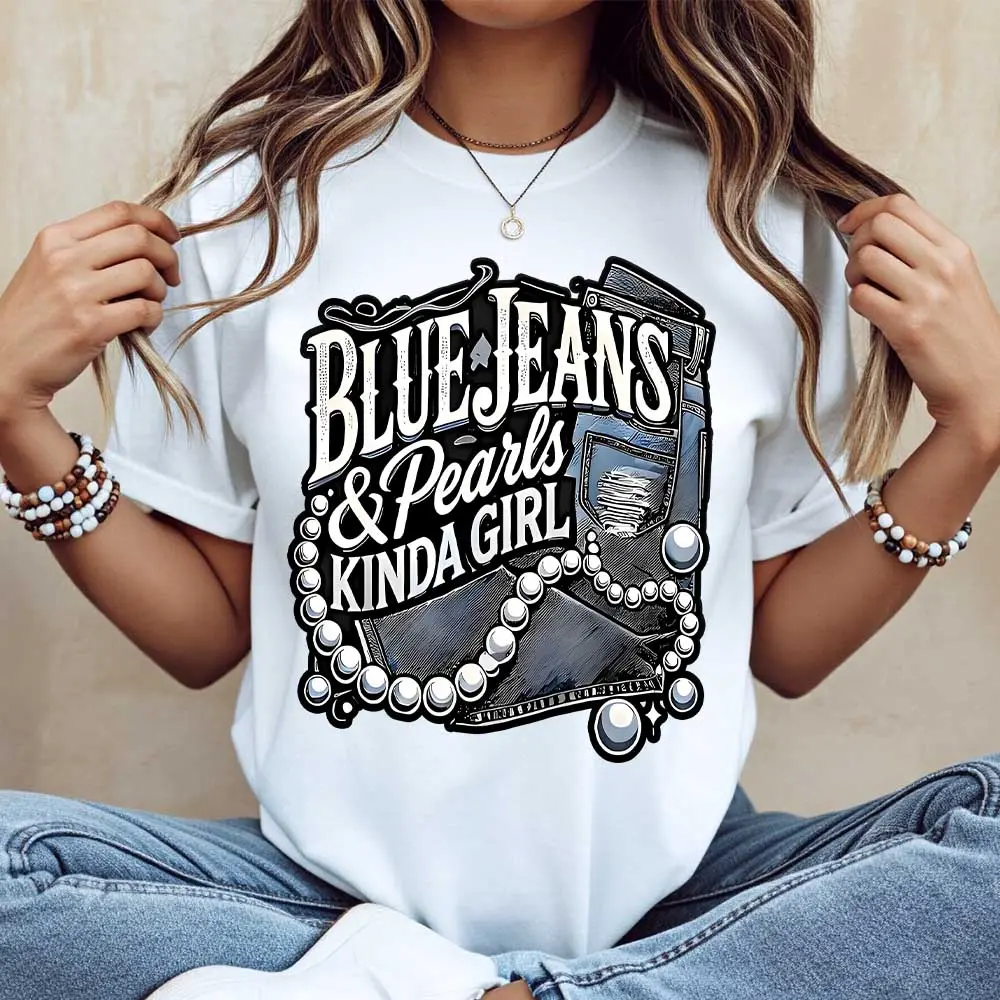 Women's Oversized Round Neck Short-Sleeve Printed T-Shirt - "Blue Jeans And Pearls Kinda Girl" Graphic, Casual Everyday Fashion Statement Top
