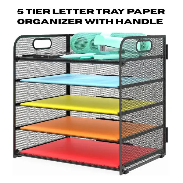 5 Tier Letter Tray Paper Organizer with Handle – Metal Desk File Organizer, Stackable Document Holder for Office, Classroom & Home Storage & Organization