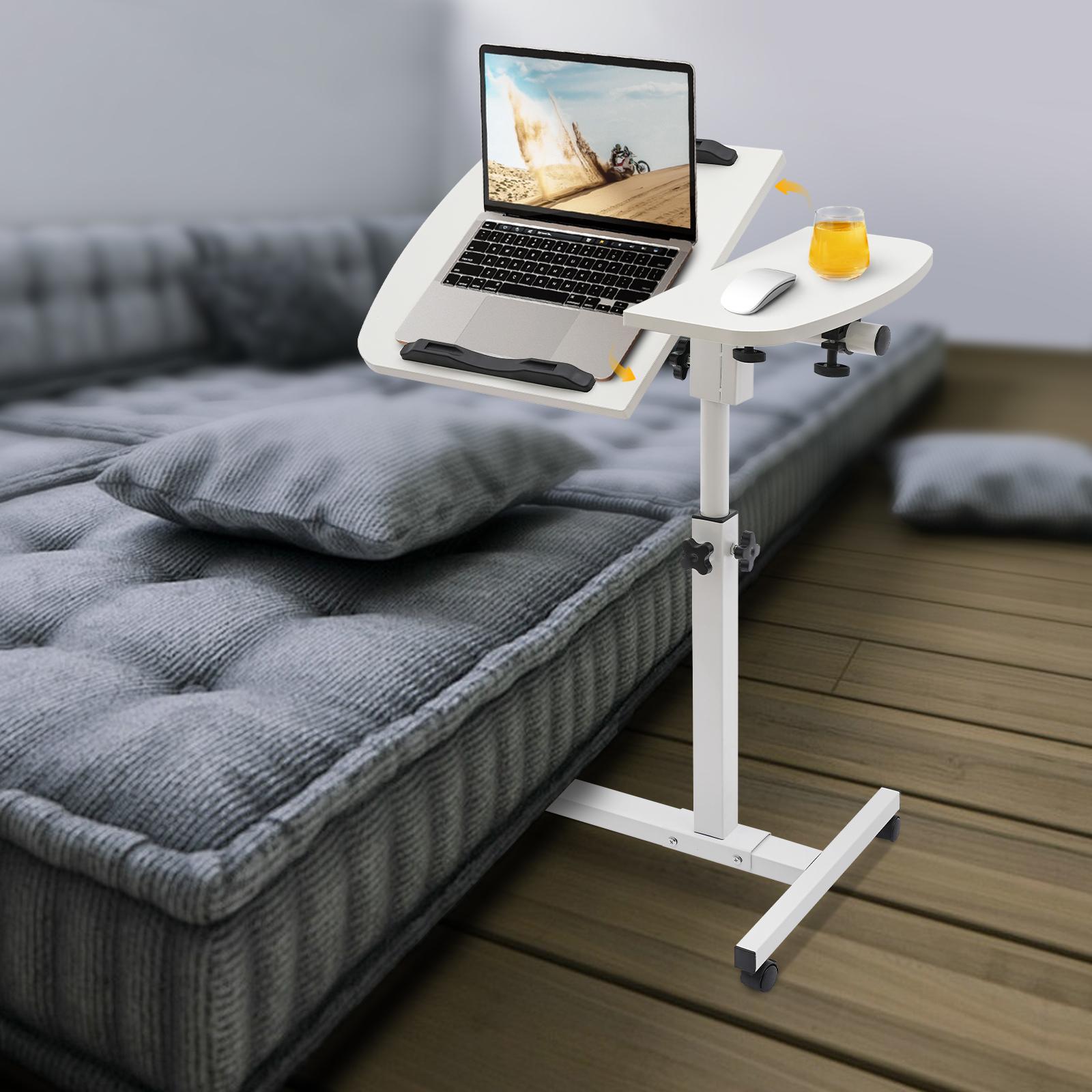 Modern Height-Adjustable Laptop Table with Locking Wheels, 40x40cm Tilt Top, Rolling Mobile Computer Workstation for Bedroom, Office White Study Desk