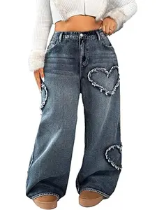 Plus Size High-Waisted Wide Leg Jeans with Frayed Heart Applique Curvy Fit Tummy Control Denim Womenswear