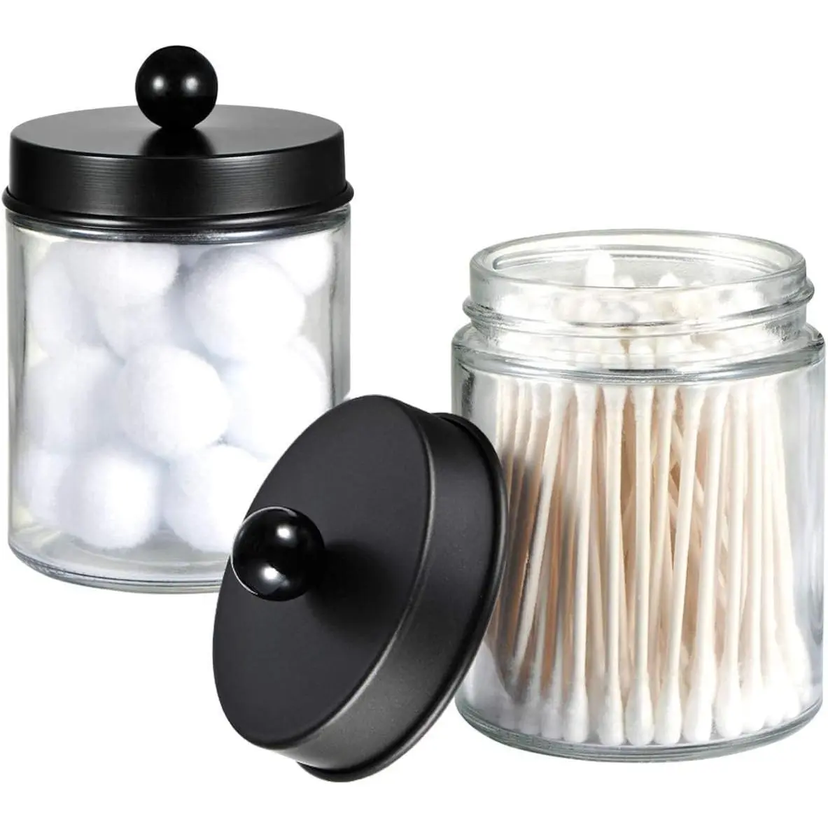 Classic Black Glass Bathroom Storage Jars with Lids - 2-Count Vanity Organizer Canisters for Cotton Swabs, Rounds, Bath Salts, Soap, Makeup Sponges, Hair Accessories