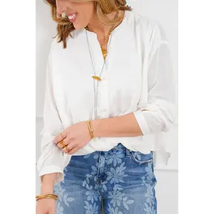 Plus/Reg The Effortlessly Chic Blouse White Stripe Long Sleeve High Low Twist Knot Top