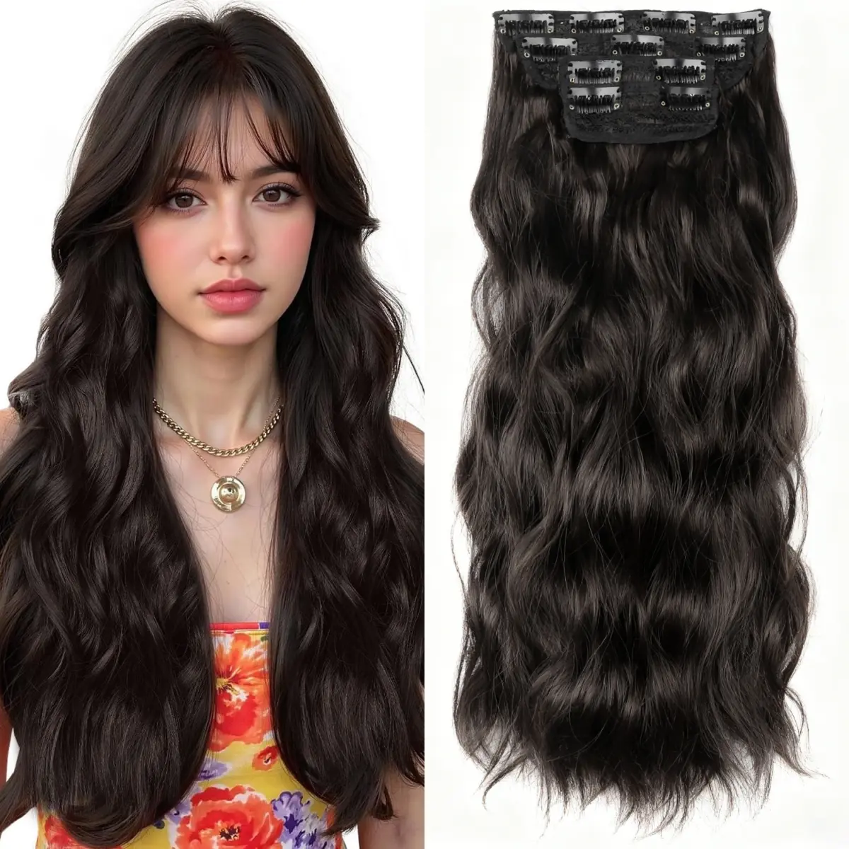 Women's Clip Hair Extensions - 20in 4PCS Thick Synthetic Extensions & Pieces, Double Weft Fiber, Long Wavy Texture Water Wave, Brown Black 1b-1001a