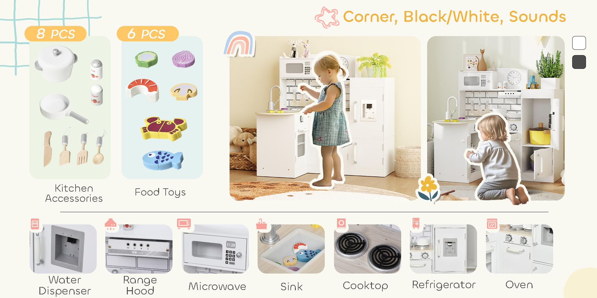 Qaba Corner Kitchen Playset with Cooking Set, Kids Kitchen Set with Range Hood, Microwave, Oven, Stove, Refrigerator, Telephone, Pretend Play Kitchen with Sound Effect for Toddlers