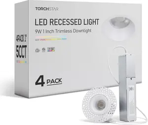 TORCHSTAR LED 1 Inch 9W 5CCT Recessed Lights with J-Box, Receessed Ceiling Light, Round Trimless Downlight, Dimmable, 2700-5000K Selectable (4 Pack)