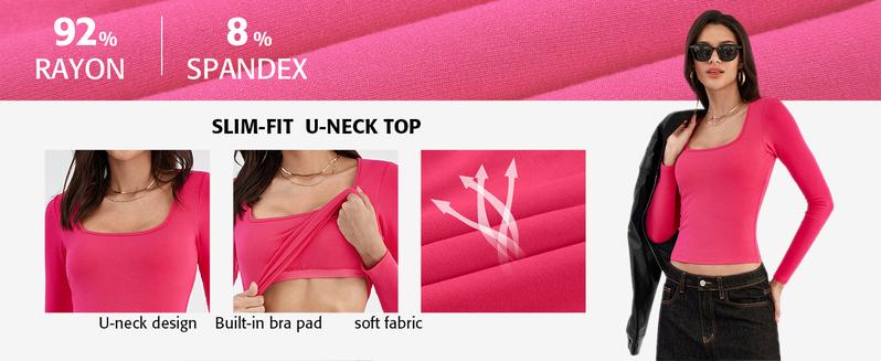 ATTRACO Women's Long Sleeve Square Neck Built-in Bra Top Slim Fit Stretch Fabric Basic T-Shirt Casual Classy Fashion Elegant Casual Classy Fashion Christmas Womenswear