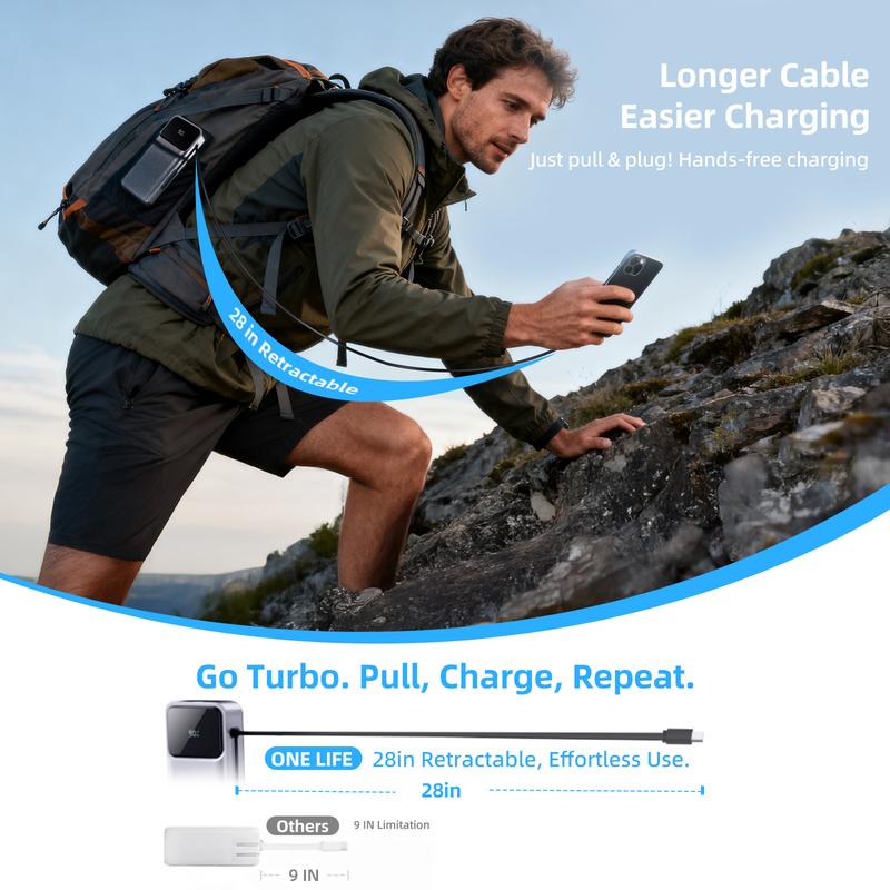 ONE LIFE Retractable-Cable Power Bank 10,000mAh 22.5W USB-C Fast Charging Dual Input/Output LED Display Compact Travel Charger for iPhone 16/15 & Samsung Galaxy Space Gray Digital