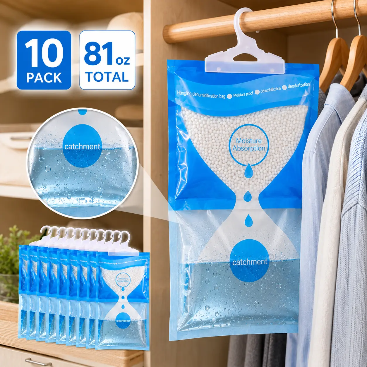 Hanging Moisture Absorber Bags with Transparent View - 10-Pack 81oz Damp-Proofing Home Supplies, Absorbent Beads for Closets/Bathrooms, Humidity Control & Moth, Mold & Damp Proofing Solutions, Hanging Bags, Moisture Absorber Moth, Mold & Damp Proofing