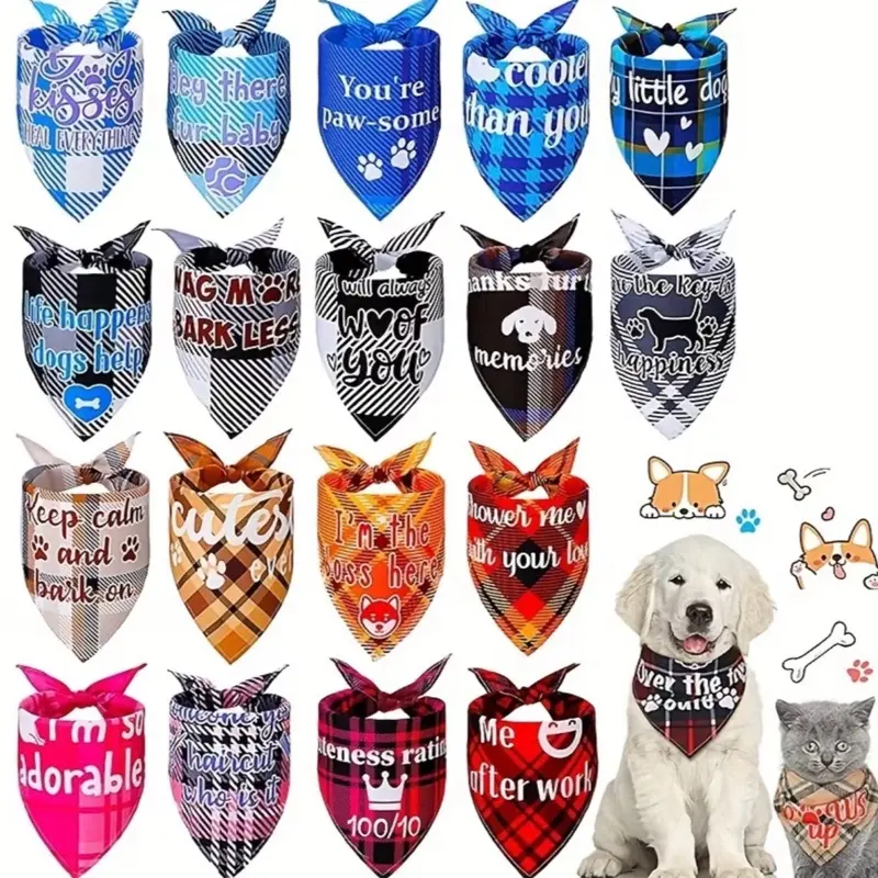 Pet Bandana Plaid with Captions 1 piece Adjustable Design Washable One Size Fits All Versatile for Small to Large Pets Various Colors and Captions