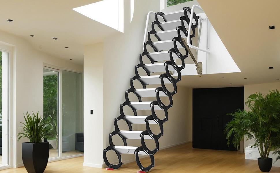 10FT Pull Down Attic Stairs, 12 Step Aluminum-Magnesium Alloy Loft Wall Mounted Stairs, Telescopic Fold Ladder for 27.5 x 23.6 Inch, Up to 880 lbs (Black+White)