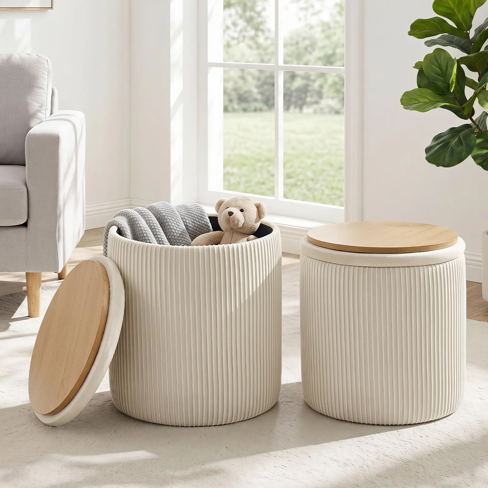 2-Piece Round Storage Footstool Set—Velvet-Upholstered Makeup Stool, a versatile footstool ideal for applying makeup that doubles as a coffee table; features a padded seat and can be used as a footstool; suitable for the living room and bedroom