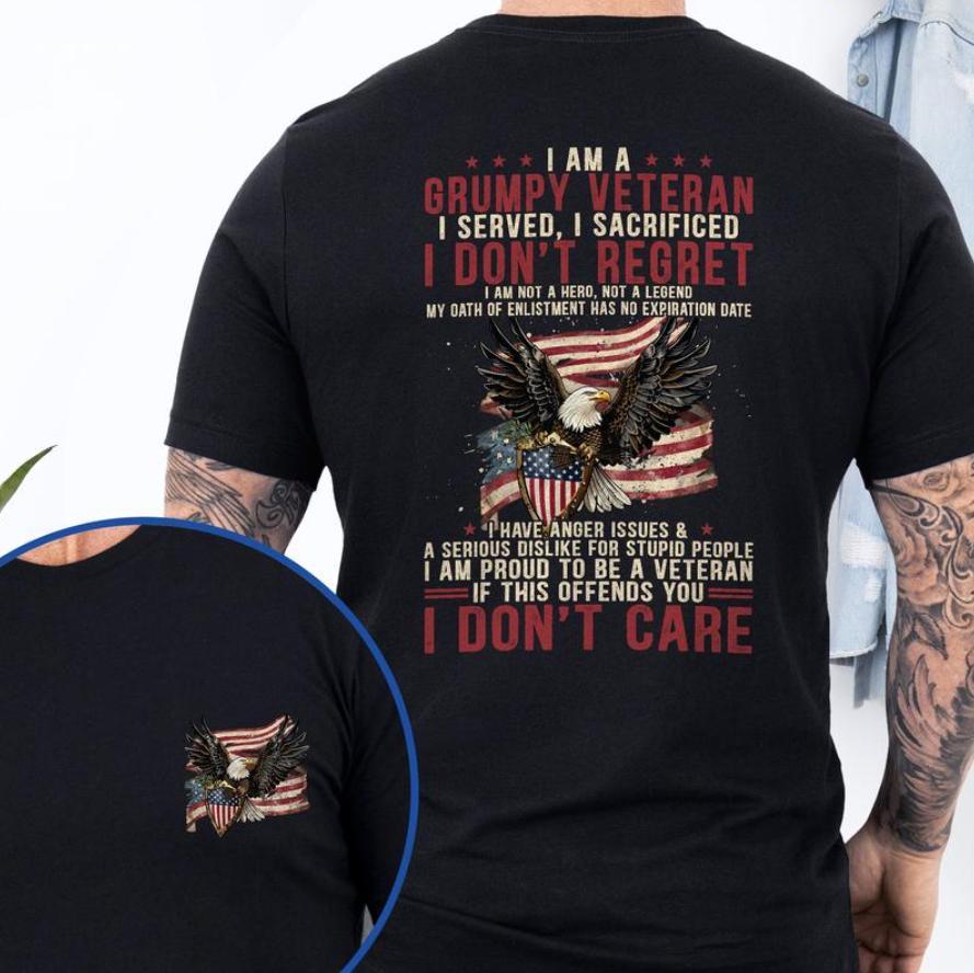 Menswear Classic Cotton Ribbed Round Neck T-Shirt – Grumpy Veteran USA Flag Eagle Graphic Tee, Military Service Sacrifice Pride Gift for Veterans