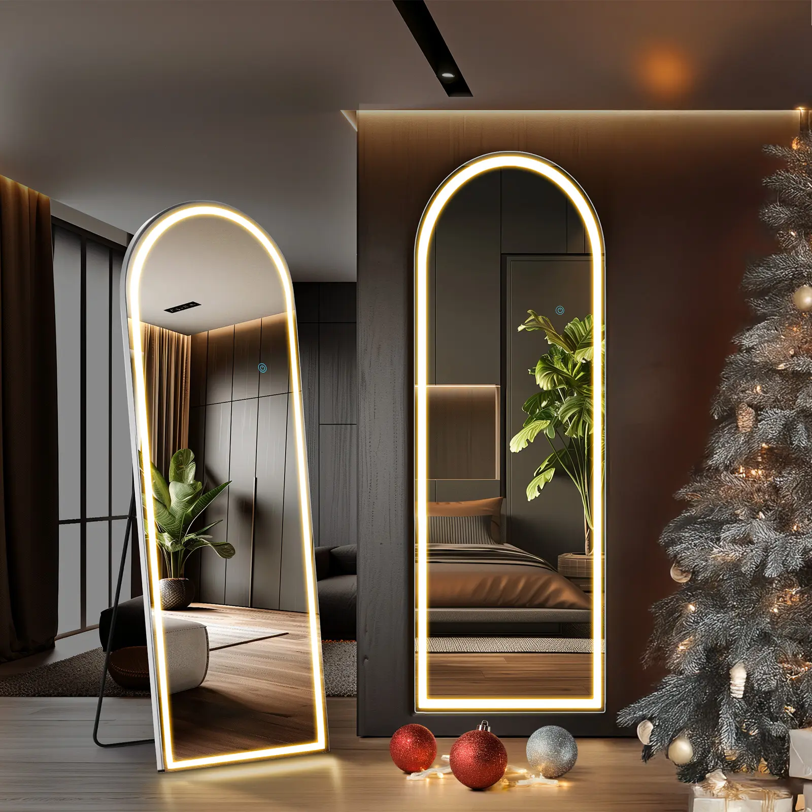 Modern Luxury Glass Full-Length Lighted Mirror - Large Aluminium Alloy Frame Floor Mirror with LED Lights, Dimming, 3 Color Lighting, Wall-Mountable Home Decor, Full Length Mirror