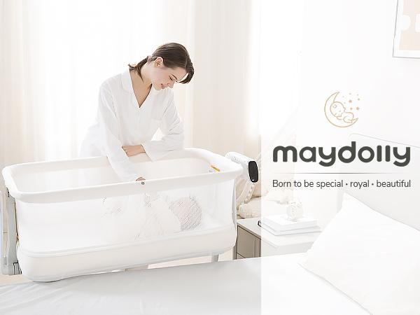 Maydolly Smart Baby Bassinet – 2-in-1 Bedside Crib & Playpen with Auto Rocking, White Noise, Mesh Sides & Mattress – Adjustable Sleeper for Newborns to 24 Months