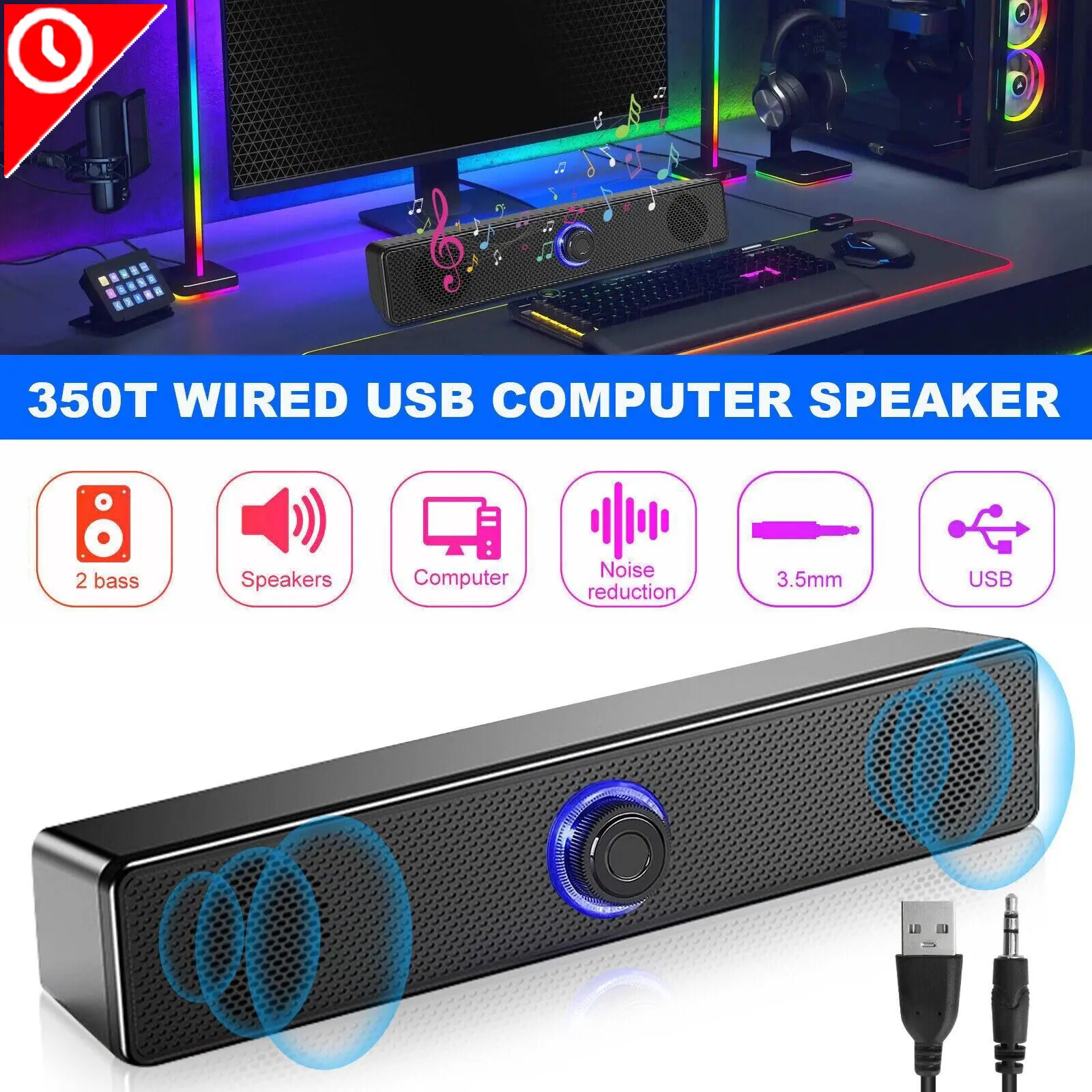 Wired Computer Speakers Soundbar Stereo Bass Sound USB Power on interface 3.5mm audio interface for Desktop Laptop 2 x 2inch Speaker,back to school,back to school haul