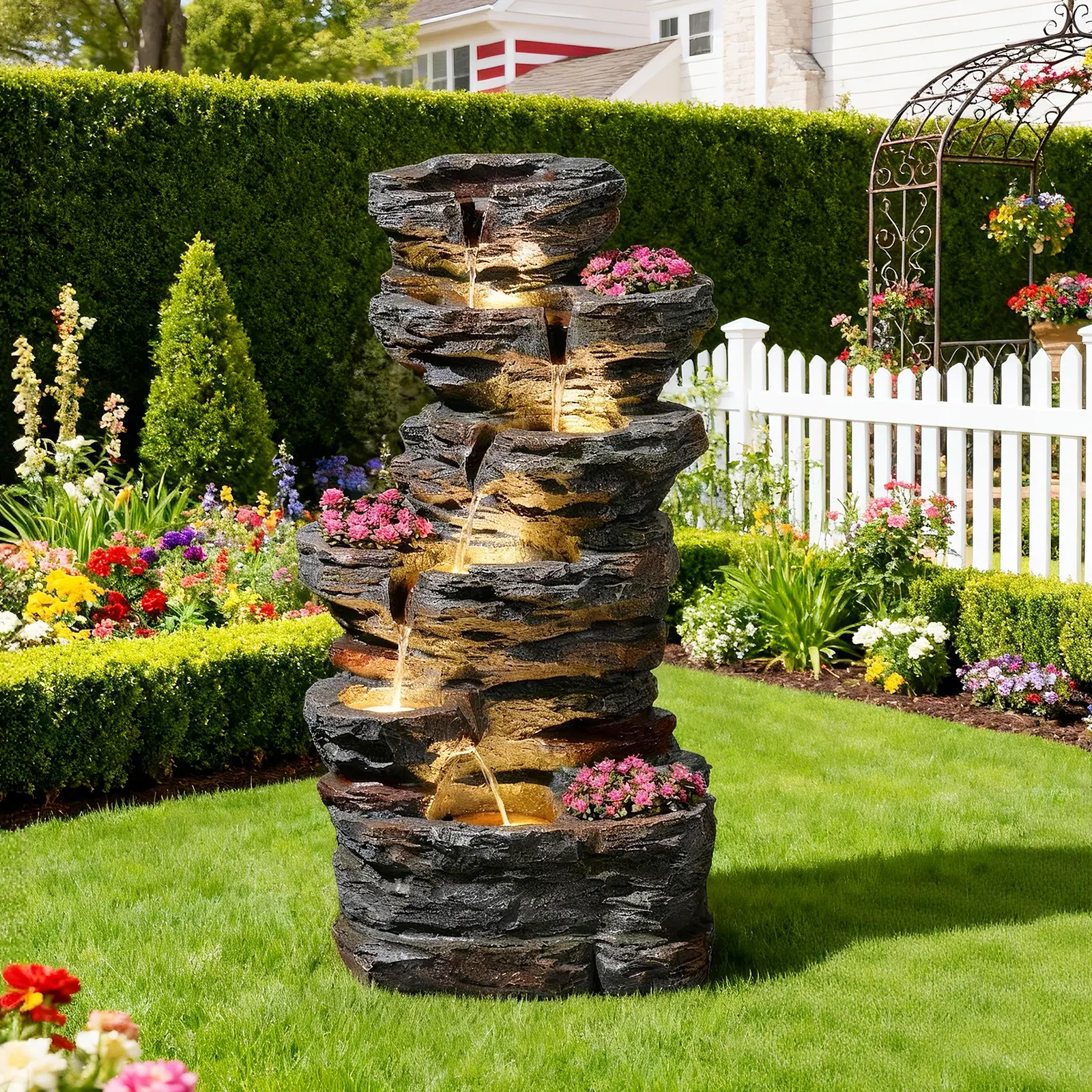 32.7’’H 6-Tier Rock Water Fountain Outdoor Cascading Waterfall Fountain with 3 Plant Nooks and LED Lights, Outdoor Water Fountain for Garden, Patio, Porch & Yard Decor Flowers Tumbled Stones Outdoor Garden Fountain