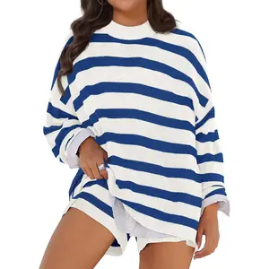 【XL-5XL】Womens Plus Size Lounge Sets Striped Knit 2 Piece Sweater Set Long Sleeve Tops and Shorts Oversized Outfits LAICIGO