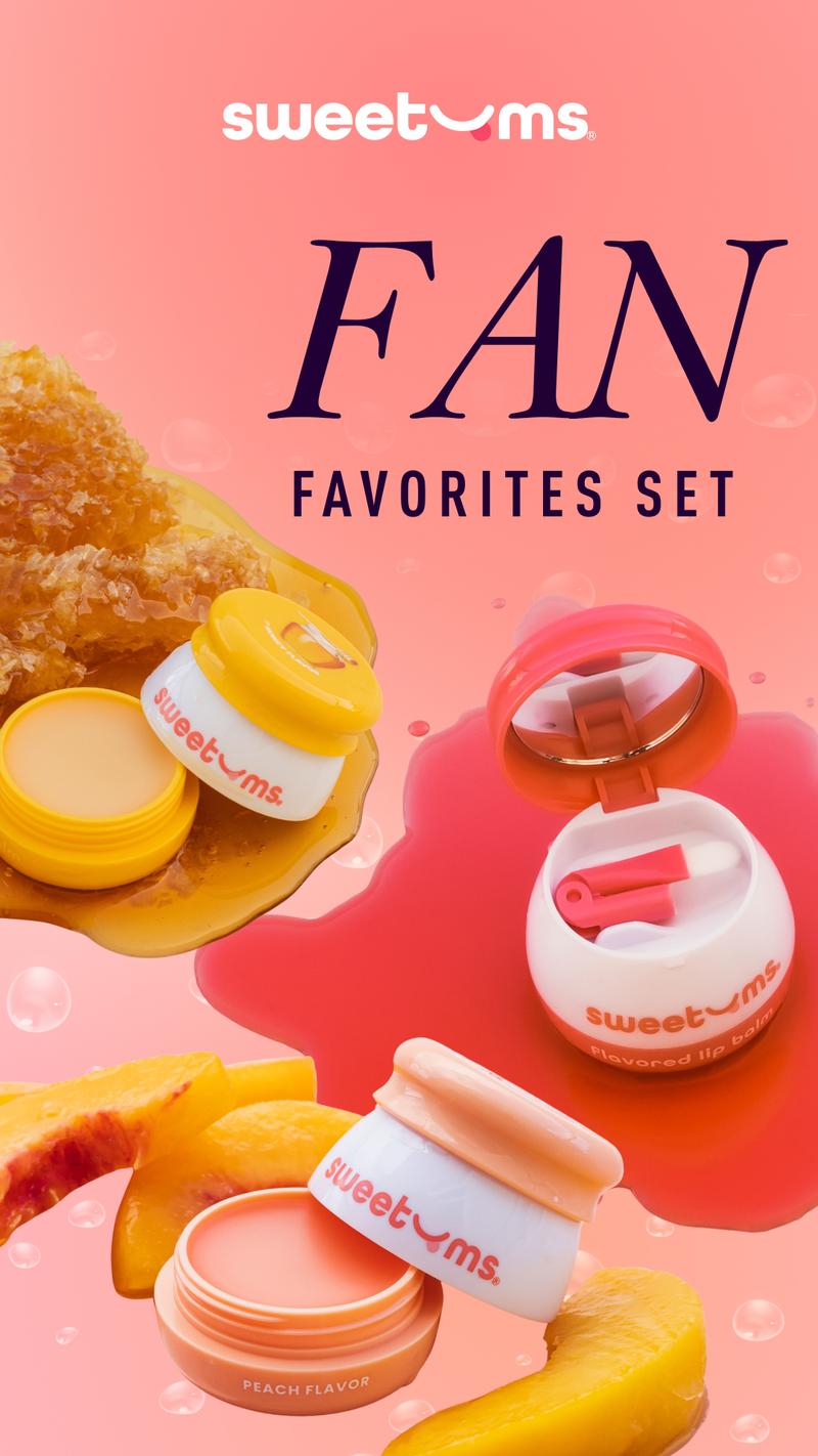SWEETUMS Fan Favorites Set Lip Balm Cherry, Honey, and Peach Flavor Ingredient Transparency Multi-Flavor Fruit Lip Mask Pack Lip Balms Buy Two Get Three Bundle