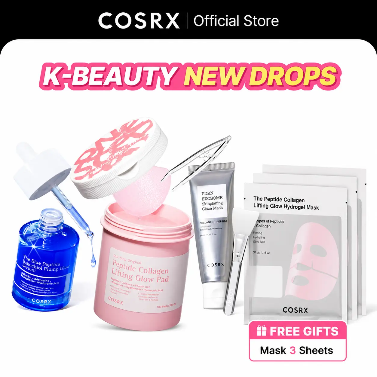 [GWP] [COSRX Official] K-Beauty 4-Step Glass Skin Facial Set | Peptide Toner Pads, Copper Peptide Serum & Hydrating Face Masks | Firming, Plumping & Glowing K-Beauty Skincare Bundle l