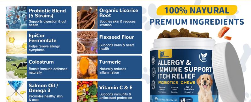 【Upgraded Formula】Allergy&Immune support chews for Dogs,JUMBO SIZE-120ct Chicken Flavor,Topper with Probiotic,Itching Skin and Ears Relief,with Colostrum Fish Oil to Boost Immune&promote Gut Health,Excessive Paw Licking,Natural Allergy Relief-Supplements