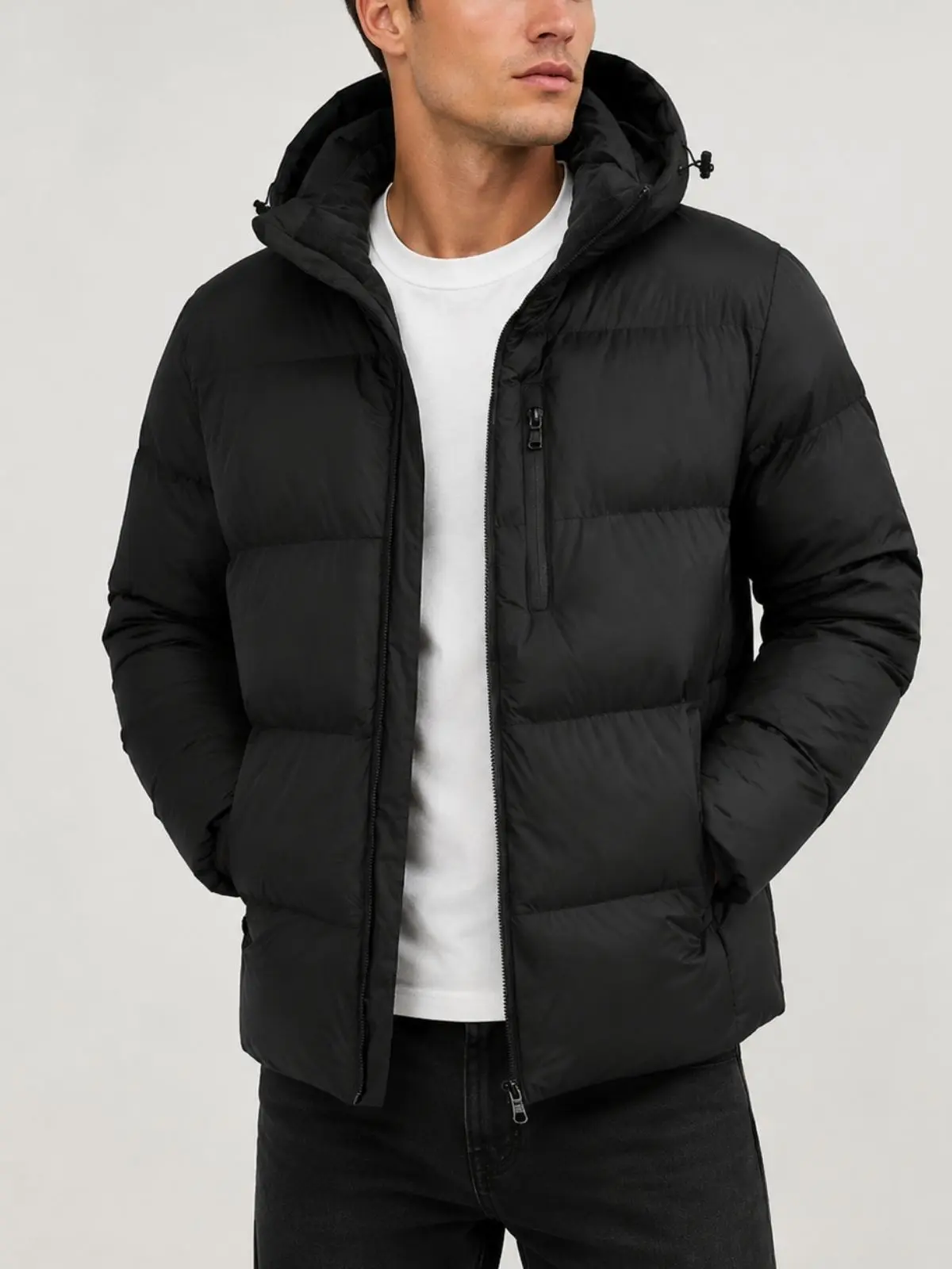 Men’s Minimalist Plain Polyester Fleece-Lined Hooded Cold-Weather Puffer Jacket - Casual Zip-Up Foldable Outerwear for Winter Tops Menswear, Zipper