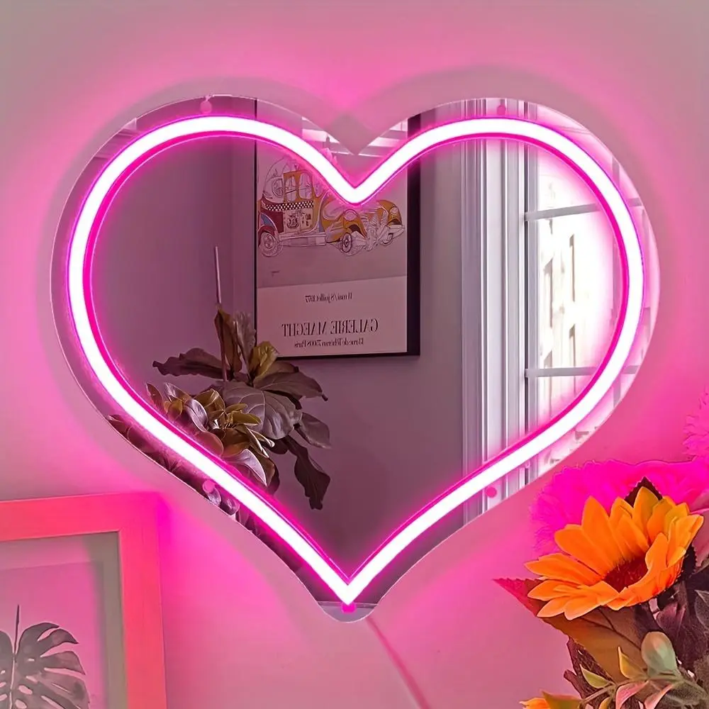 Heart Shaped Mirror Neon Sign, USB Powered LED Neon Sign, Love Heart Dimmable Neon Light for Room, Wedding, Anniversary Decoration, Led Wall Decor, Decorative Atmosphere Lighting