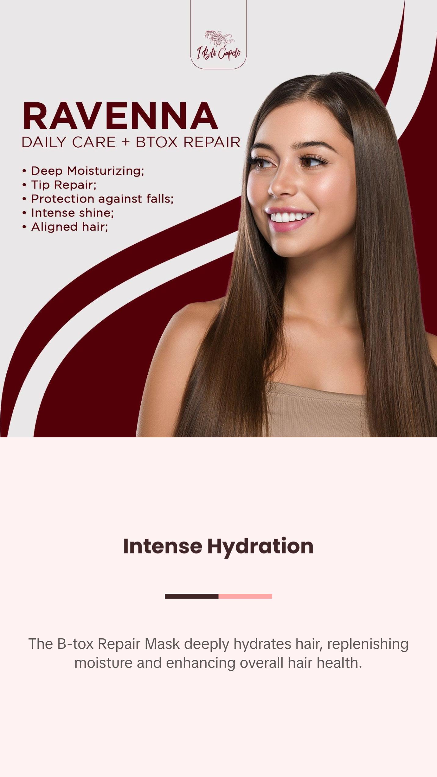 I BELLI CAPELLI Ravenna Daily Care + B-tox Repair Kit Hydration Straightening Intense Shine Conditioner Argan Oil Repairing Gentle Moisturizing Shampoo and B-tox Repair Mask for Radiant Hair Foam