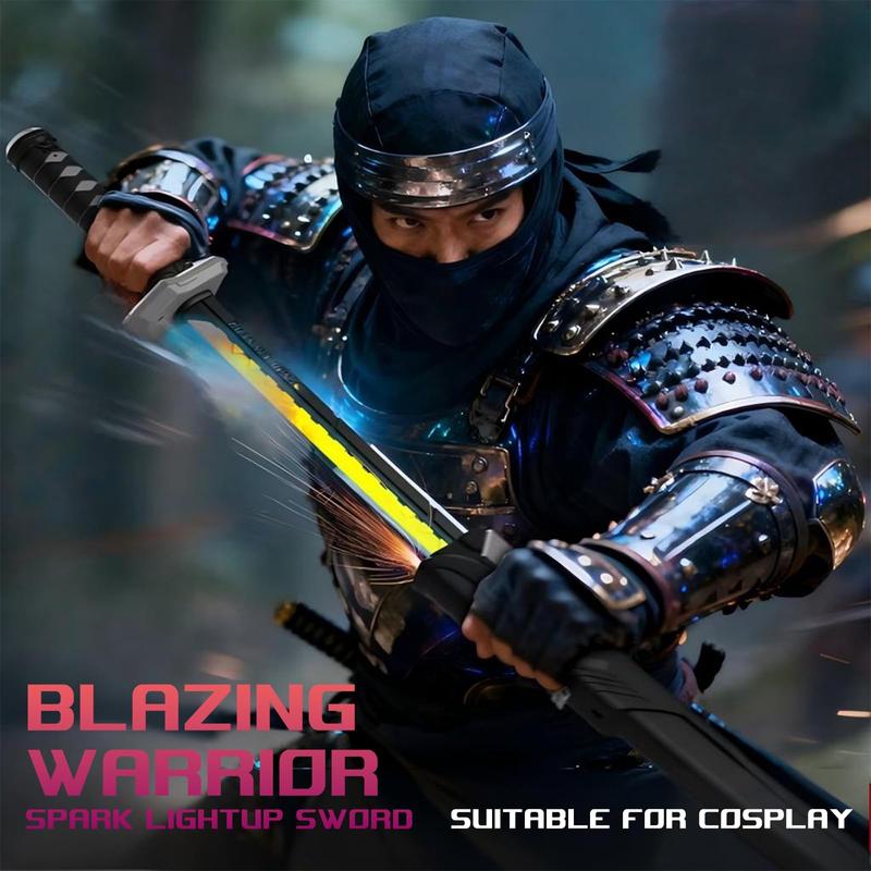 LED Lightsaber Spark Sword, 23" Cyberpunk Neon Blade with Mist, Auto-Eject Sheath, USB-C Rechargeable, Replaceable Flint Spark Feature, Glowing Cosplay Prop for Kids Festivals, Costume Party