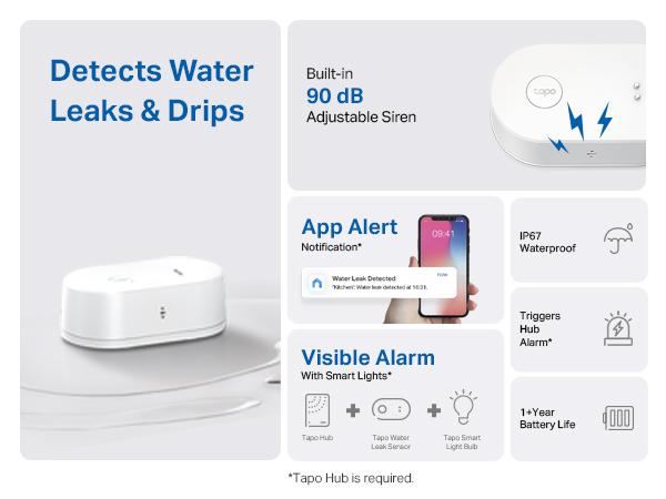 TP-Link& Tapo T300 Smart Water Leak Sensor – 6-Probe Instant Detection, 90 dB Siren, IP67 Waterproof, App & Alexa Alerts, 3-Year Battery, Requires Tapo Hub