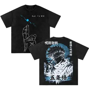 Nah, I'd Win: Gojo Satoru Jujutsu Kaisen Anime Tee - Vintage Washed Double Printed Unisex Oversize Heavyweight Cotton T-Shirt