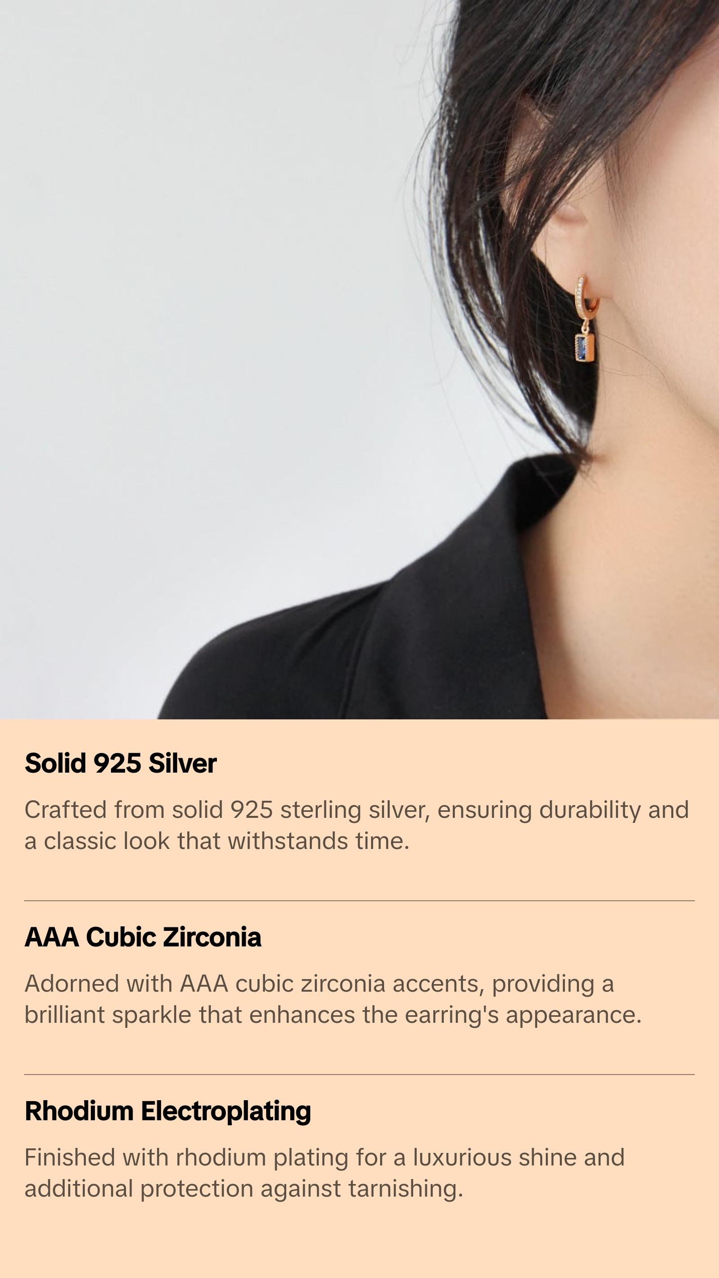 Geometry Blue CZ Rectangle 925 Silver Dangling Earrings (Single Piece)