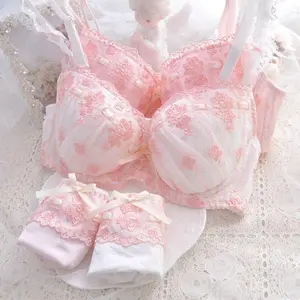JapaneseEmbroideryWhitePinkBraSetforThinGirlsCuteStudentLingerieBasicMinimalistFloralDesignComfortableNon-GatheringBra&PantiesSet