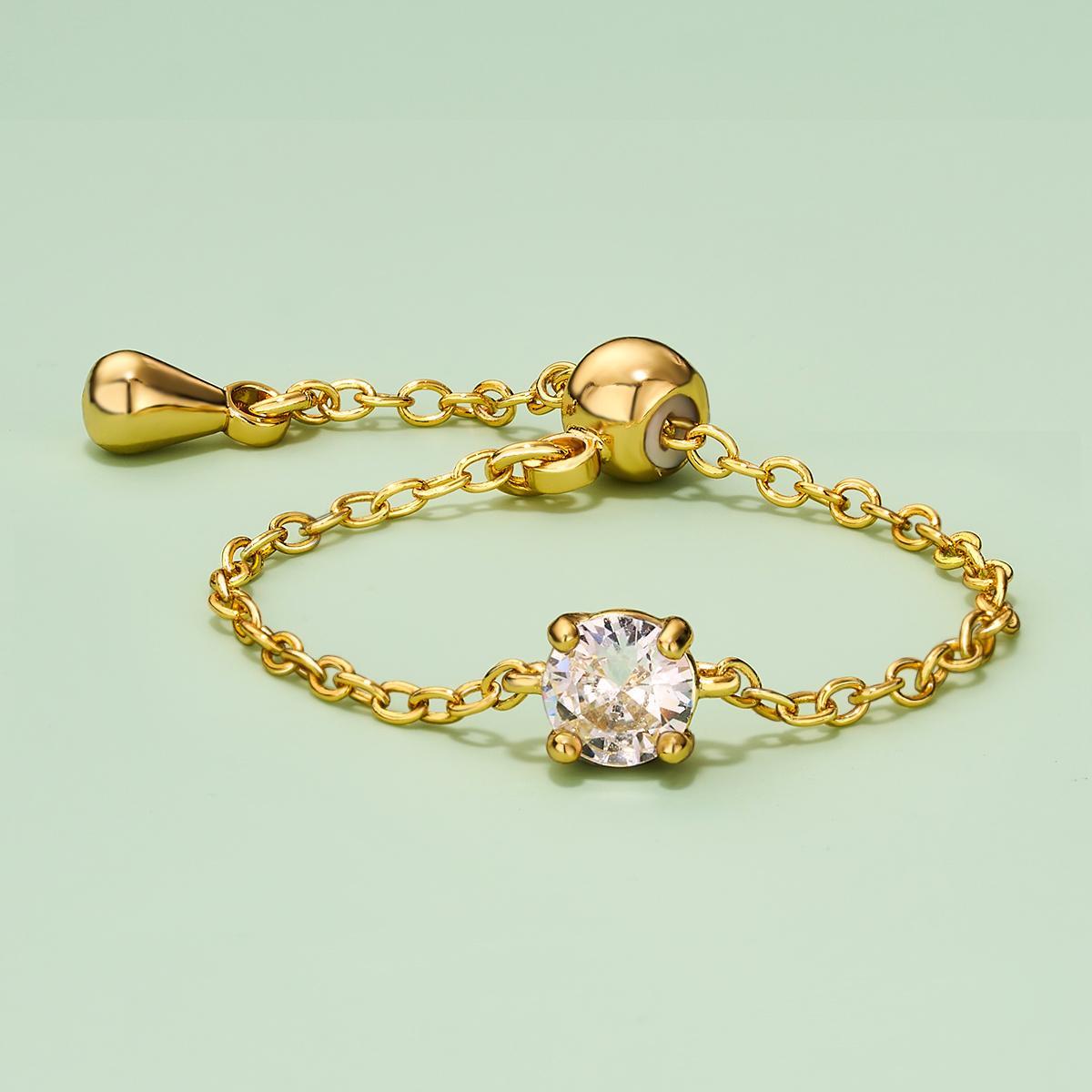 Oufer 14K Gold Plating CZ US Ring Size 3-13 Adjustable Oval  Chain Ring For Women Gift Real Gold Plating