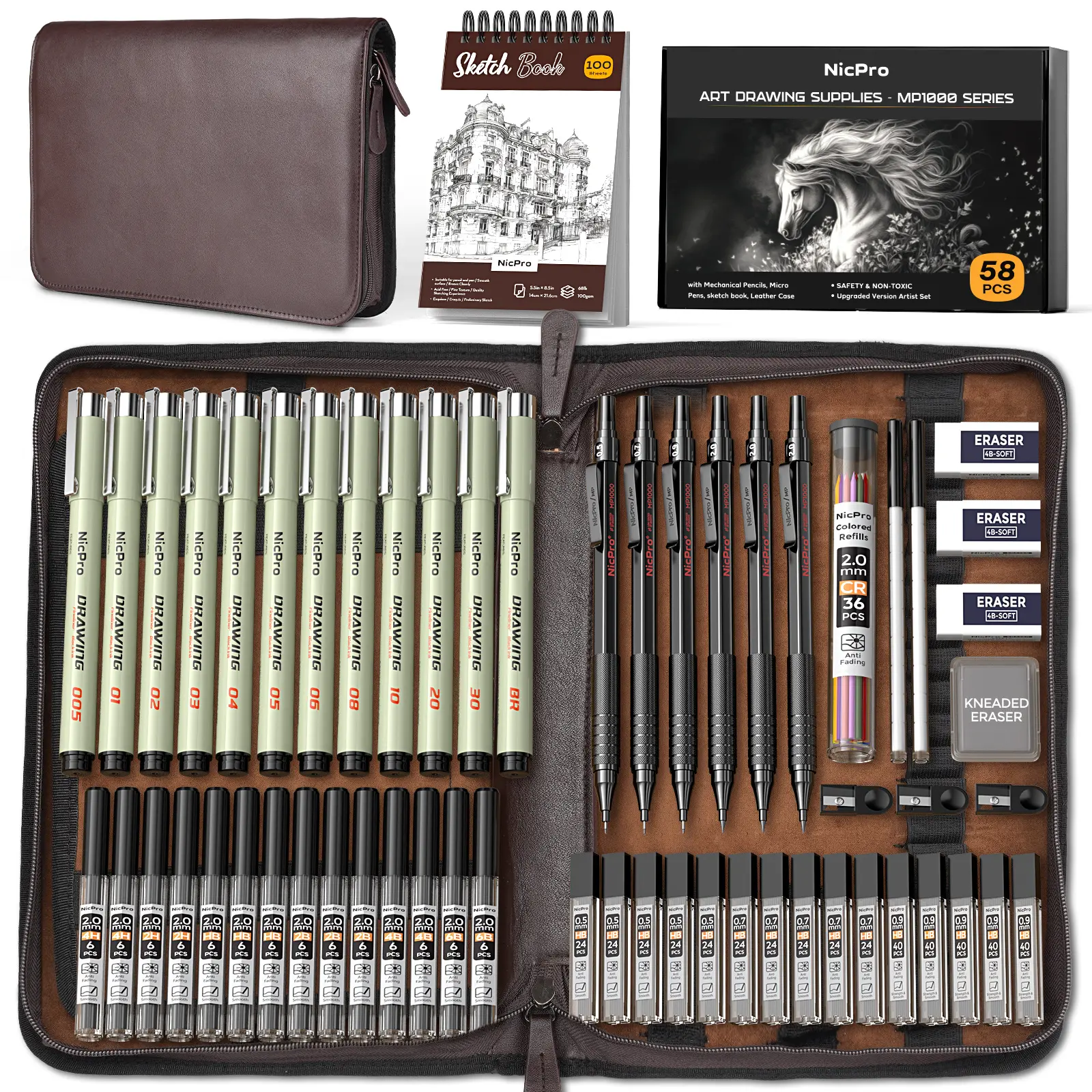 Nicpro 58-Piece Deluxe Leather Case Art Set - Office Stationery Kit with Crafting Supplies, Artist Quality Graphite Mechanical Pencil Set, 0.5/0.7/0.9/2mm Metal Drafting Pencils, 12-Micron Pen, 30 Tube Lead Refills, Art Sets
