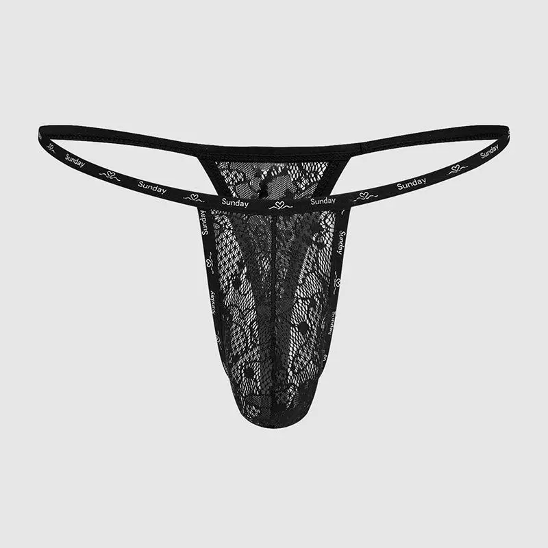 Men's Black Lace Noir G-String, See-Through Mesh Thong with a Lace Waistband and Letter Ribbon Detail, Elegant Menswear, Black Lace Noir Men's G String