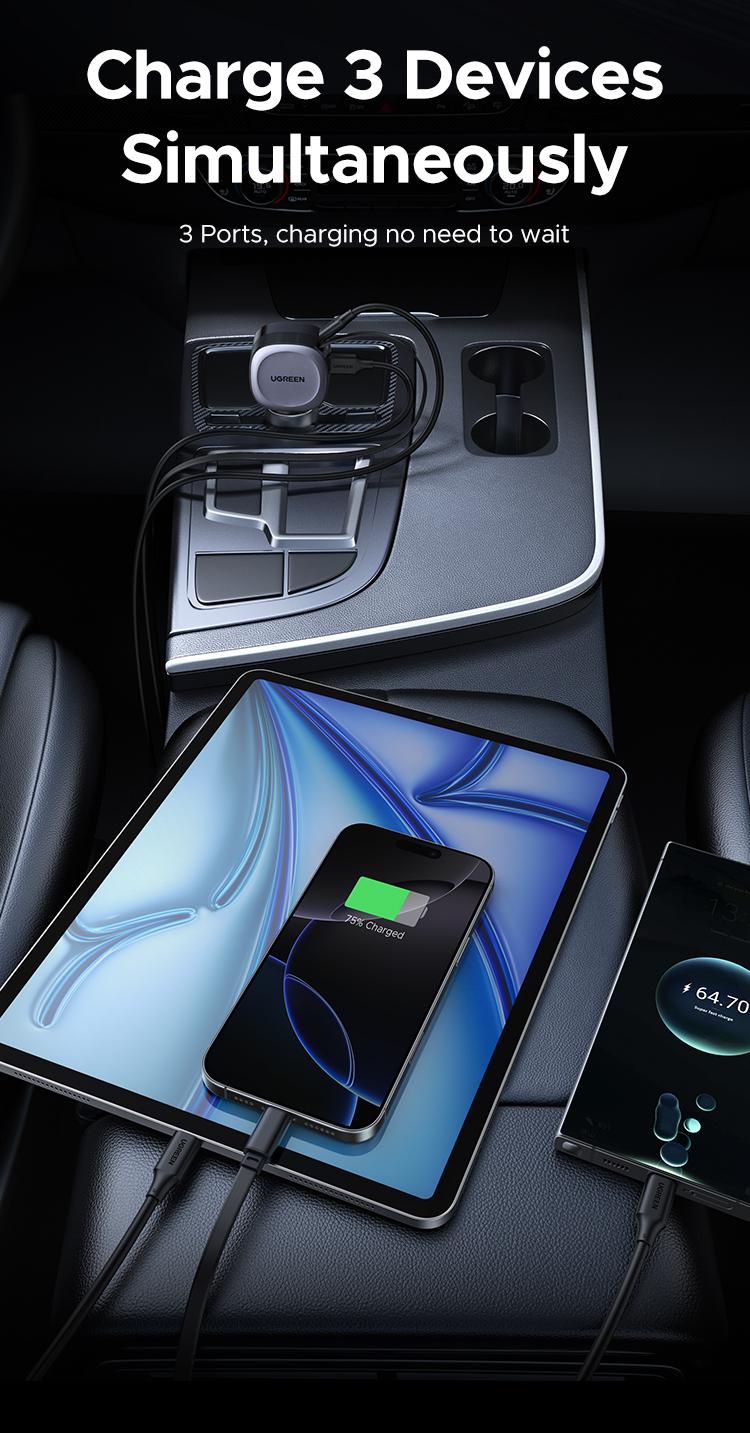 UGREEN Retractable Car Charger, 75W USB C Car Accessories Adapter for iPhone 17/16 USB C Charger Fast Charging, Deals for you, Travel Essentials Gifts for Women Men,September Restock，TikTokShopBlackFriday ,TikTokShopHolidayHaul