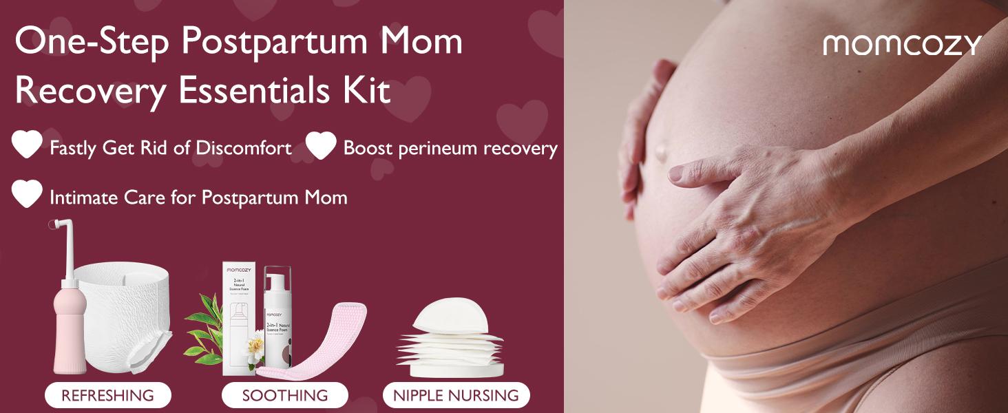 Momcozy Postpartum Recovery Essentials Kit, Labor Delivery Mom Care Kit, Self-Absorbent Disposable Underwear Nipple Nursing Pads Upside Down Peri Bottle Cold Pads Cooling Foam Canvas Bag Set