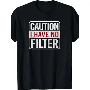 Men'S 'Beware I Have No Filter' Funny Sarcastic T-Shirt| Casual Crew Neck, Slightly Stretchy, Regular Fit, Black with Red and White Text, Perfect for Summer Fashion