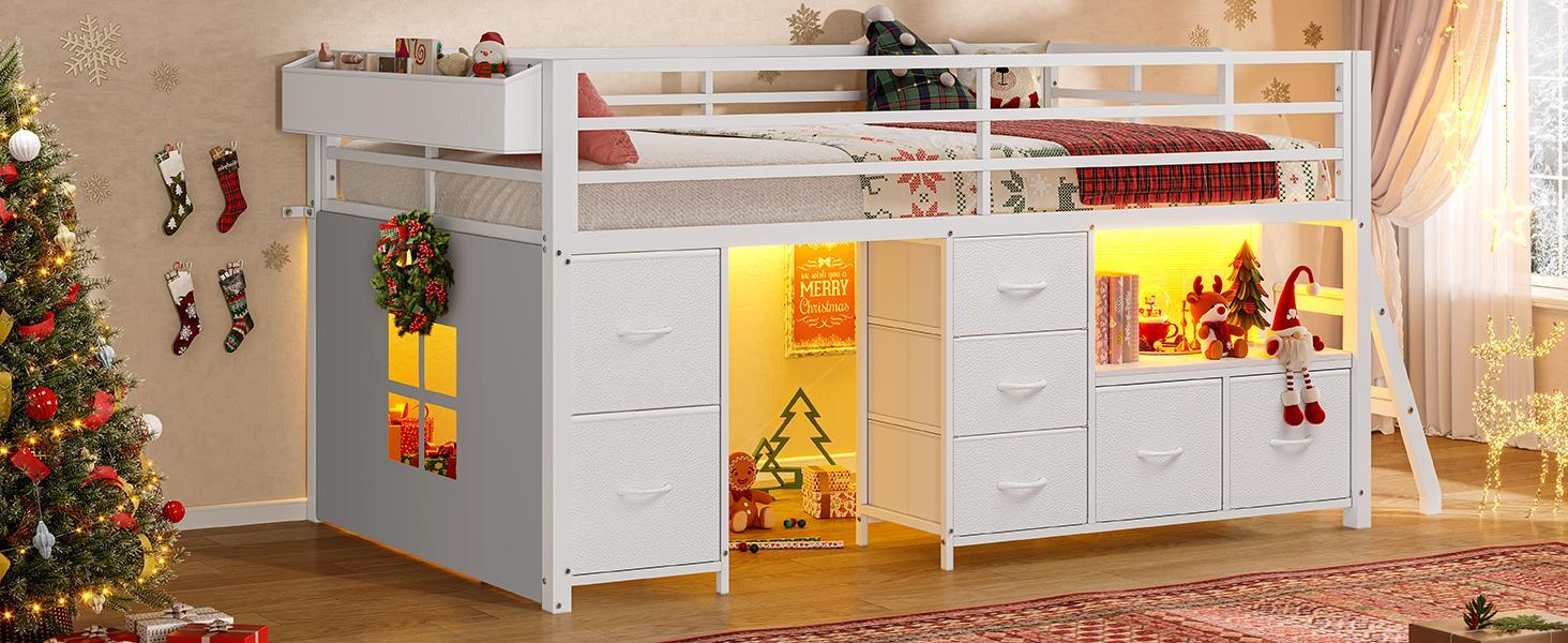 Sikaic Low Loft Bed Twin Size with 7 Storage Drawers, Bookcase and LED Lights, Metal Kids Loft Bed with 14" H Safety Guardrail, Inclined Ladder and Play Curtain, Under-Bed Play Space