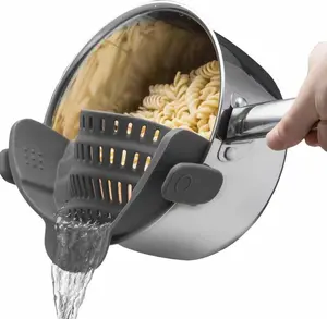 Snap N' Strain - Silicone Pasta Strainer Clip-On for Pots and Pans - Heat Resistant Colander for Vegetables and Noodles - Kitchen Gadgets for Cooking - Space-Saving Design - Gray
