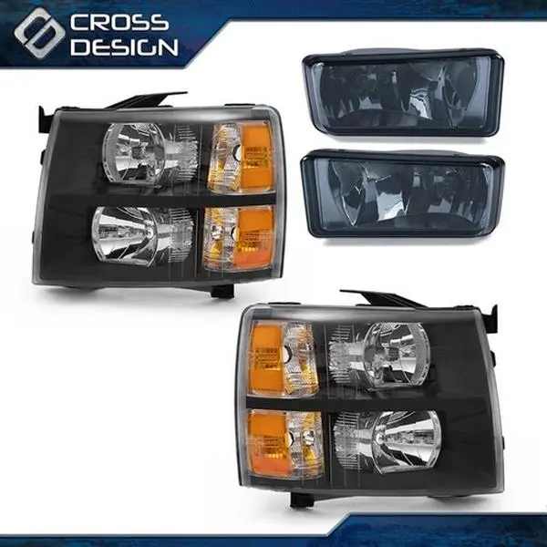 CROSSDESIGN Smoke Lens Headlights & Fog Lights - 1 Pair Car Accessories, Compatible with 2007-2013 Chevy Silverado 1500, 2007-2014 Chevy Silverado 2500 3500 & HD Models, Accessories For Car