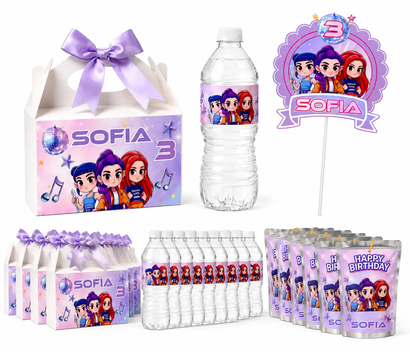 Personalized Birthday Party Favor Set, 37 Pieces – Custom Name & Age, Favor Boxes, Water Bottle Labels, Juice Pouch Labels & Cake Topper