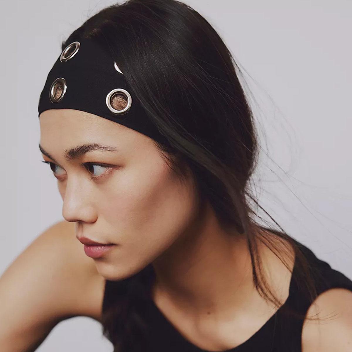 Punk Women Hollow Out Metal Eyelets Elastic Headband Y2k Punk Girls Rock Stretchy Wide Hairbands Headwear Hair Accessories