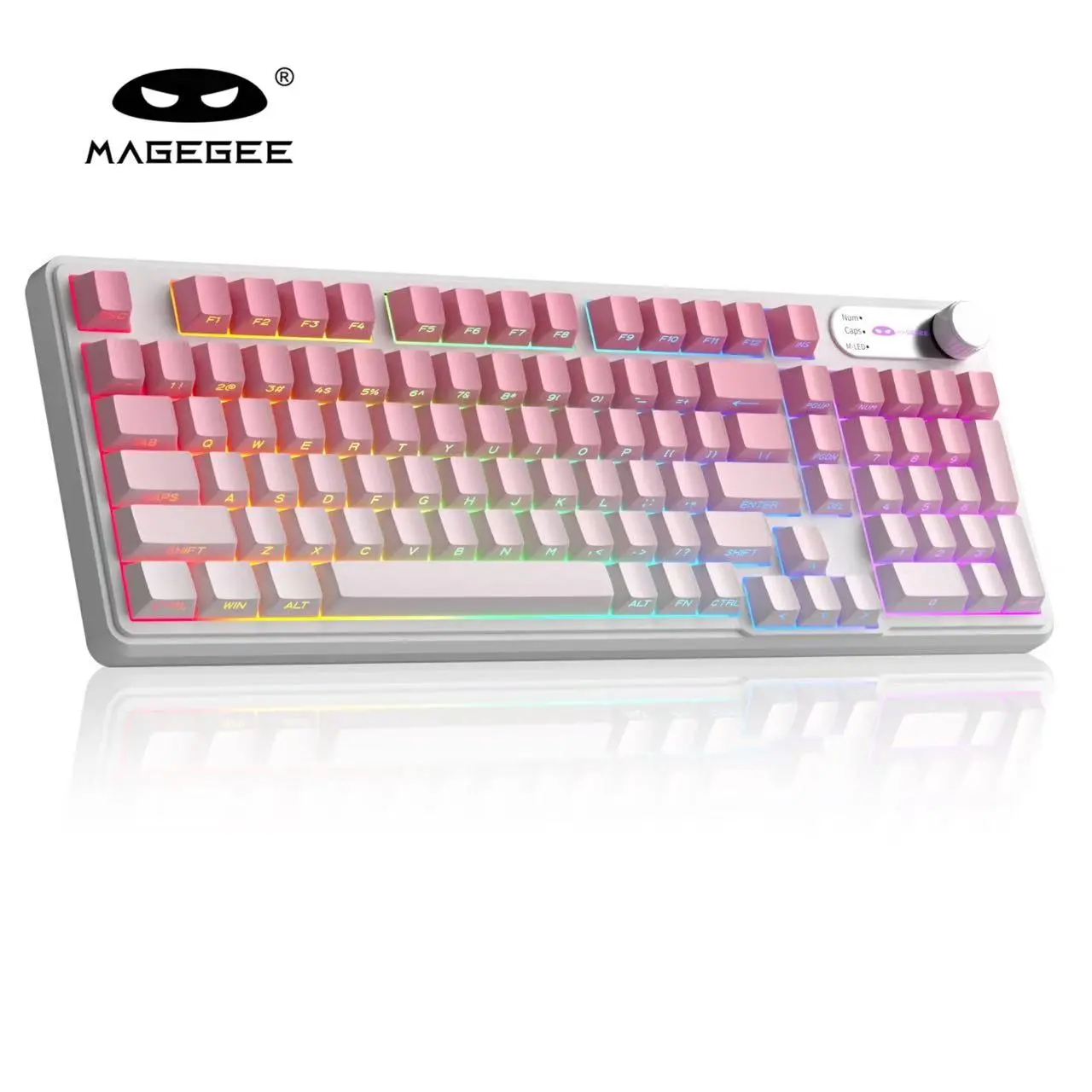 MageGee GK960 Creamy Gaming Keyboard - Tri-Mode Wired/BT/2.4G Wireless, RGB, Number Pad, 4000mAh Battery, Knob Control, Side Printed Keycaps, 19-Key Anti-Ghosting for Win/Mac (White Pink) - Desktop, Digital Print Options for Custom Keyboard Setup, Creamy,